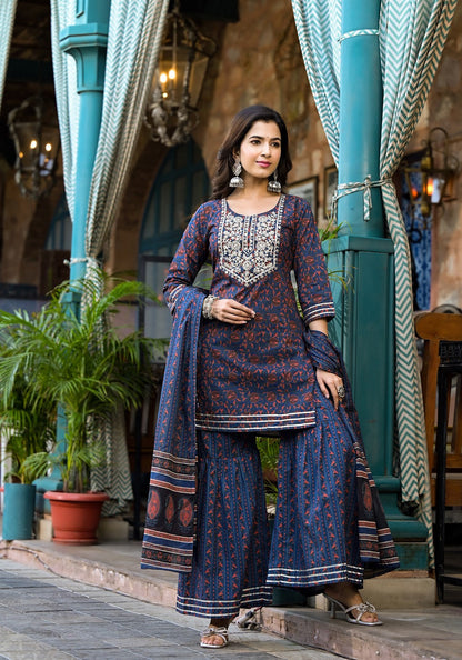 Indigo Blue Ethnic Motifs Dori_Embroidery Kurta Sharara With Dupatta Set-Yufta Store-1741SKDBLS