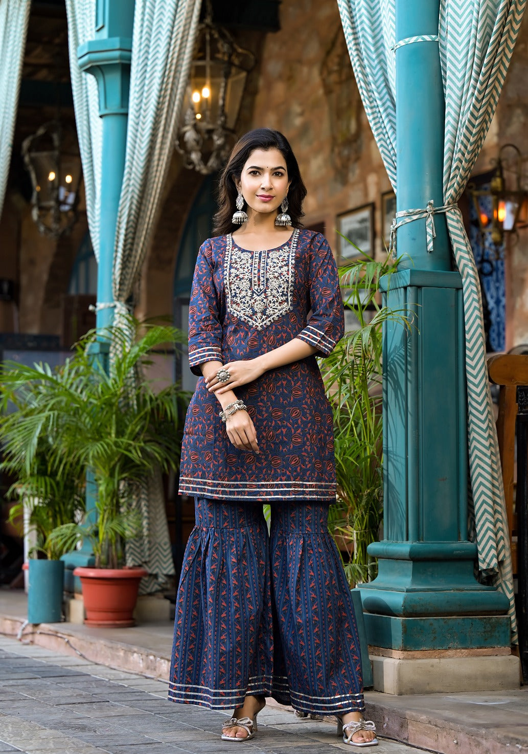 Indigo Blue Ethnic Motifs Dori_Embroidery Kurta Sharara With Dupatta Set-Yufta Store-1741SKDBLS