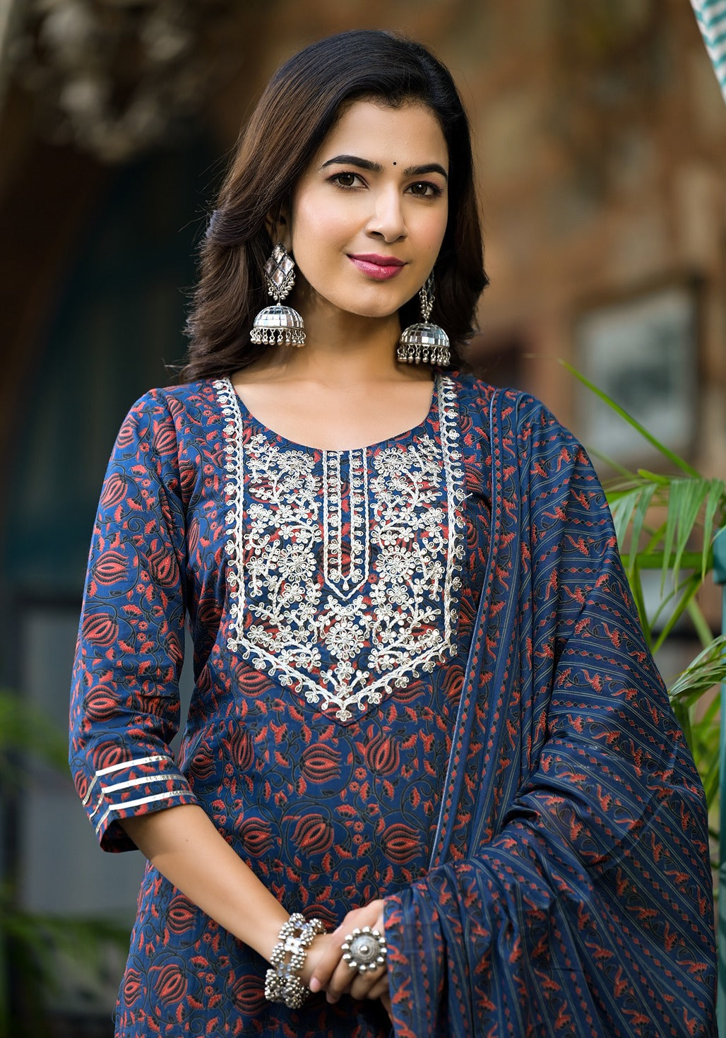 Indigo Blue Ethnic Motifs Dori_Embroidery Kurta Sharara With Dupatta Set-Yufta Store-1741SKDBLS