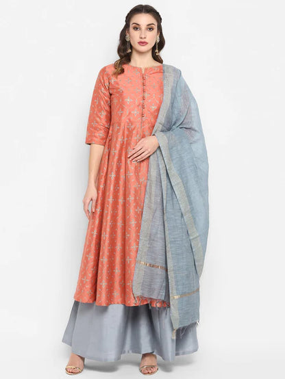 Peach Poly Silk Kurta With Palazzo and Dupatta