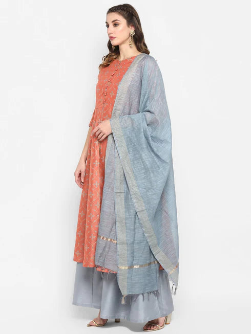 Peach Poly Silk Kurta With Palazzo and Dupatta