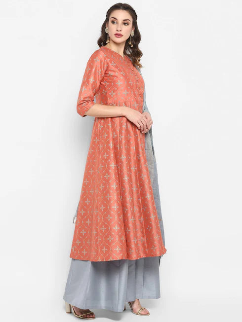 Peach Poly Silk Kurta With Palazzo and Dupatta