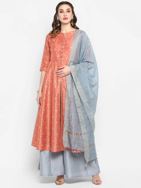 Peach Poly Silk Kurta With Palazzo and Dupatta