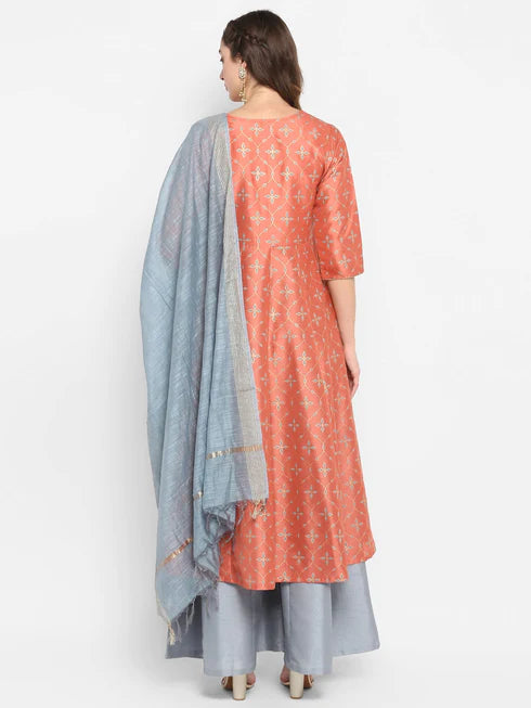 Peach Poly Silk Kurta With Palazzo and Dupatta