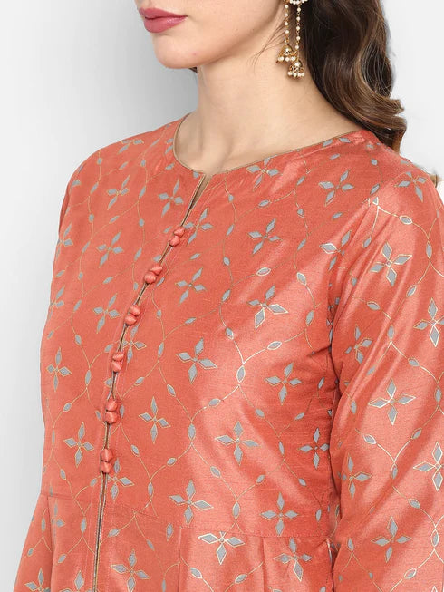 Peach Poly Silk Kurta With Palazzo and Dupatta