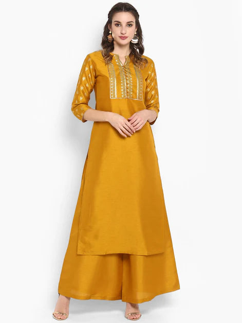 Mustard Poly Silk Floral Print Kurta with Palazzo