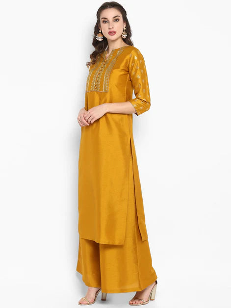 Mustard Poly Silk Floral Print Kurta with Palazzo