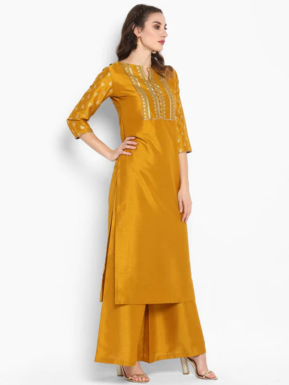 Mustard Poly Silk Floral Print Kurta with Palazzo