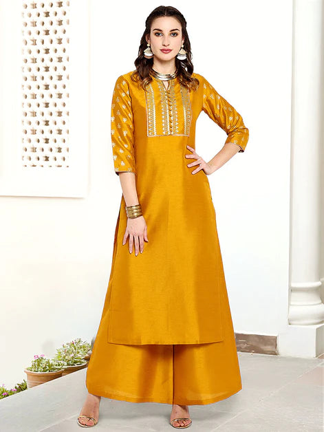 Mustard Poly Silk Floral Print Kurta with Palazzo