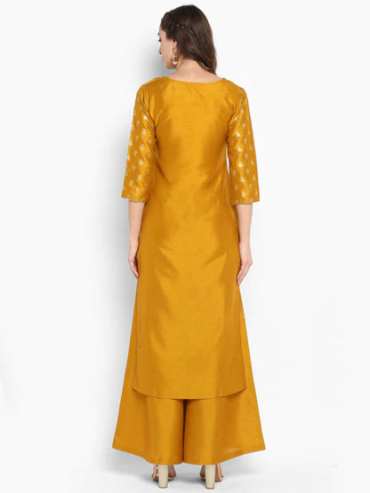 Mustard Poly Silk Floral Print Kurta with Palazzo