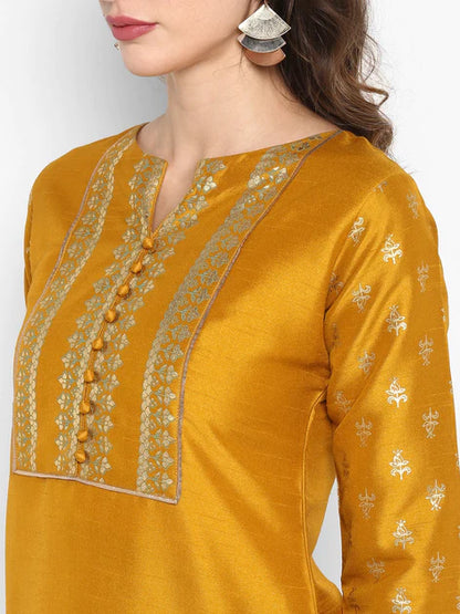 Mustard Poly Silk Floral Print Kurta with Palazzo