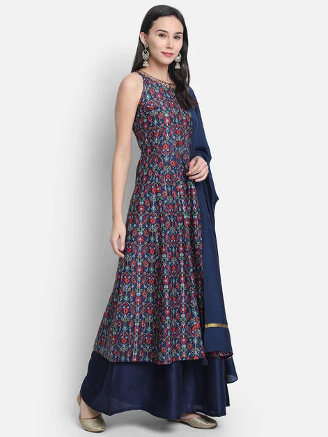 Blue Poly Muslin Embroidered Kurta with Palazzo and Dupatta