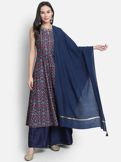 Blue Poly Muslin Embroidered Kurta with Palazzo and Dupatta