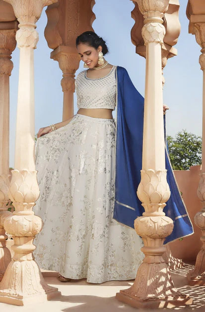 White Poly Silk Floral Print Lehenga Choli With Dupatta