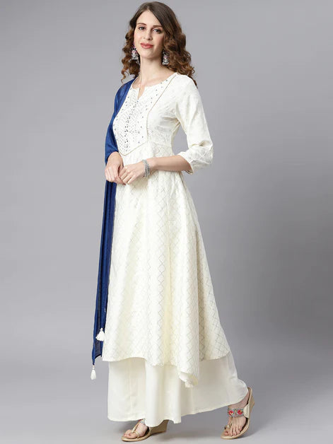 Off- White Poly Silk Ethnic Motifs Kurta with Palazzo and Dupatta