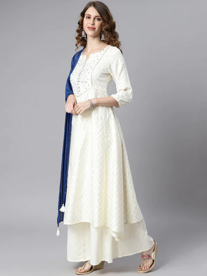 Off- White Poly Silk Ethnic Motifs Kurta with Palazzo and Dupatta