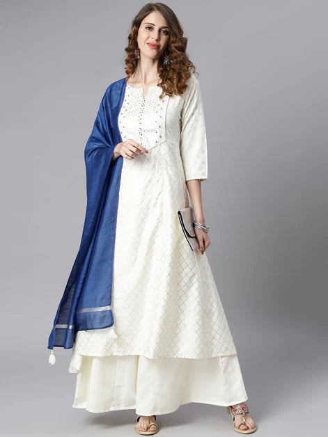 Off- White Poly Silk Ethnic Motifs Kurta with Palazzo and Dupatta