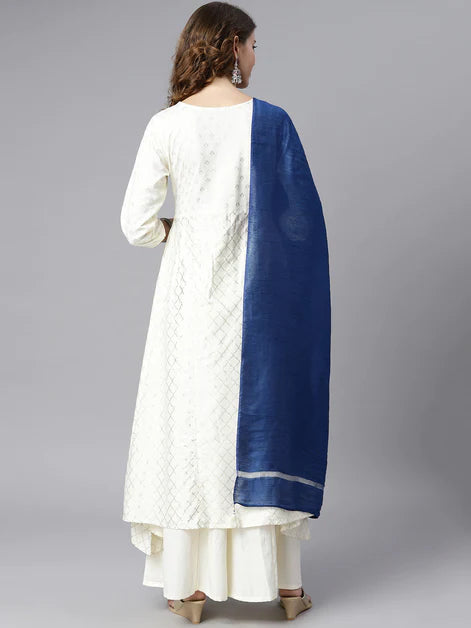 Off- White Poly Silk Ethnic Motifs Kurta with Palazzo and Dupatta