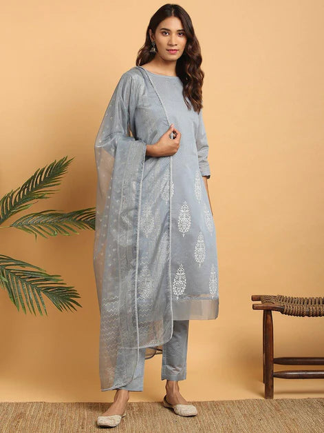 Grey Poly Chanderi Ethnic Motifs Kurta with Pant and Dupatta