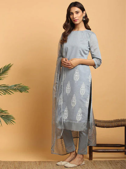 Grey Poly Chanderi Ethnic Motifs Kurta with Pant and Dupatta