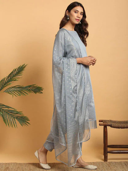 Grey Poly Chanderi Ethnic Motifs Kurta with Pant and Dupatta