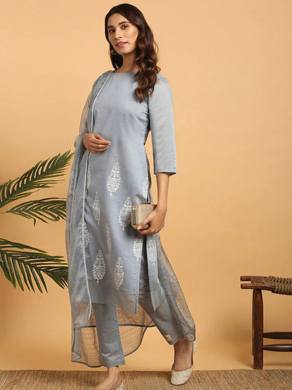 Grey Poly Chanderi Ethnic Motifs Kurta with Pant and Dupatta