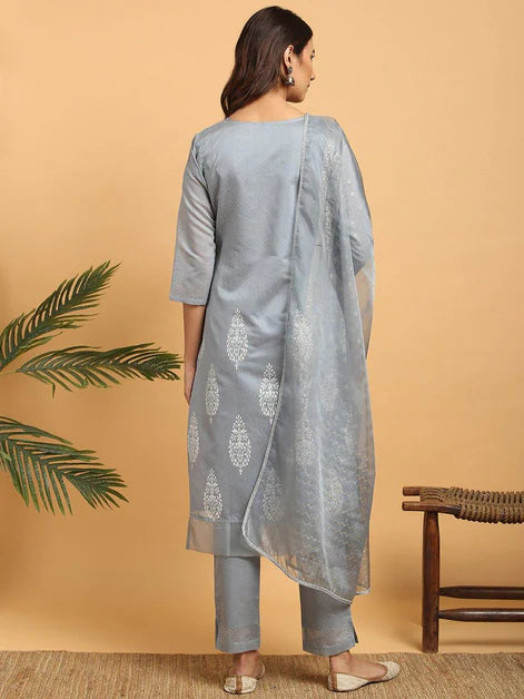 Grey Poly Chanderi Ethnic Motifs Kurta with Pant and Dupatta