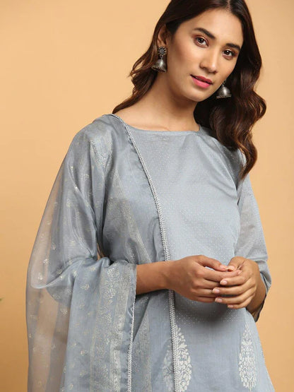 Grey Poly Chanderi Ethnic Motifs Kurta with Pant and Dupatta