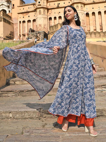 Blue Georgette Floral Print Kurta with Flared Palazzo and Dupatta