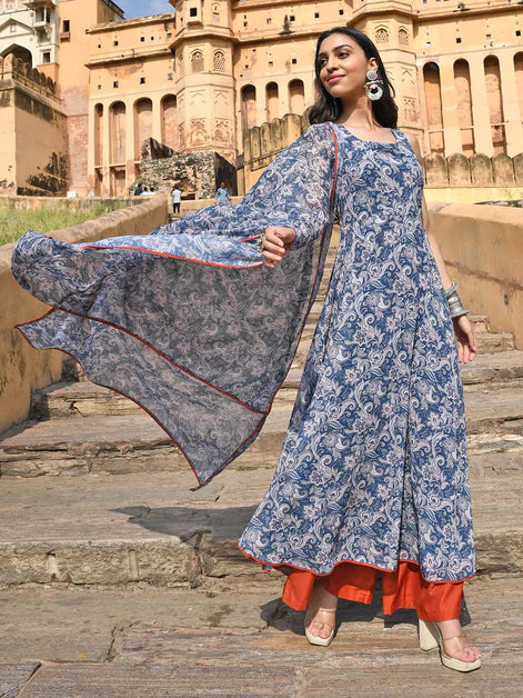 Blue Georgette Floral Print Kurta with Flared Palazzo and Dupatta