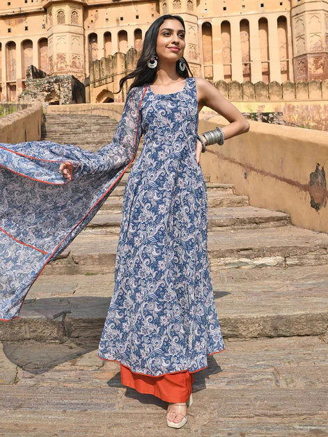 Blue Georgette Floral Print Kurta with Flared Palazzo and Dupatta