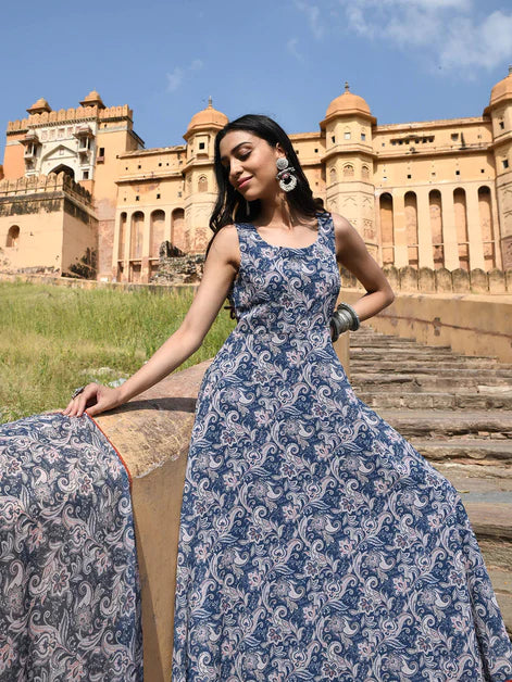 Blue Georgette Floral Print Kurta with Flared Palazzo and Dupatta