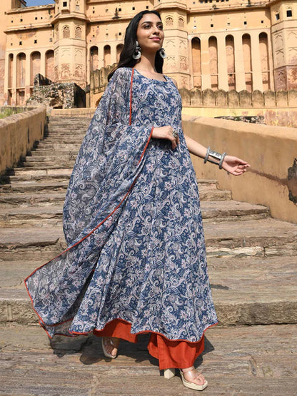 Blue Georgette Floral Print Kurta with Flared Palazzo and Dupatta