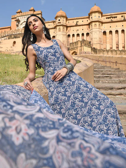 Blue Georgette Floral Print Kurta with Flared Palazzo and Dupatta