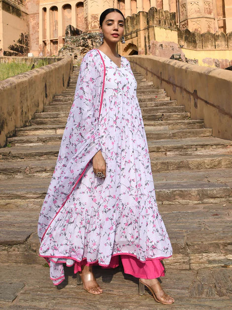 White Georgette Floral Print Kurta with Flared Palazzo and Dupatta