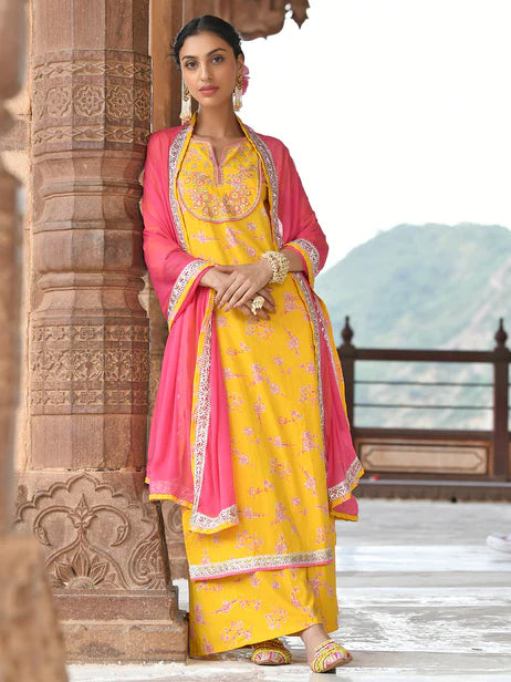 Yellow Cotton Embroidered Kurta with Palazzo and Dupatta