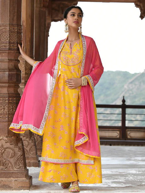 Yellow Cotton Embroidered Kurta with Palazzo and Dupatta