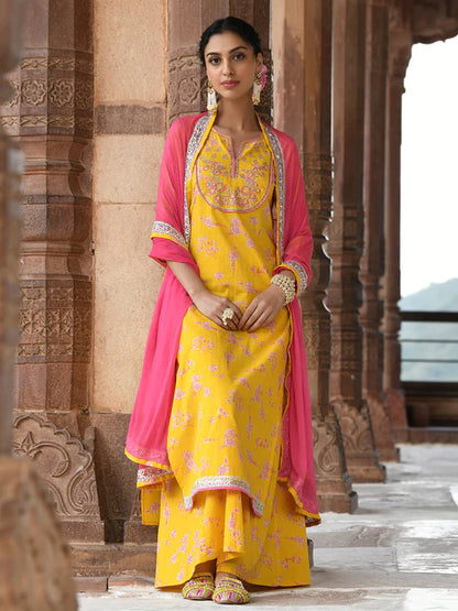 Yellow Cotton Embroidered Kurta with Palazzo and Dupatta