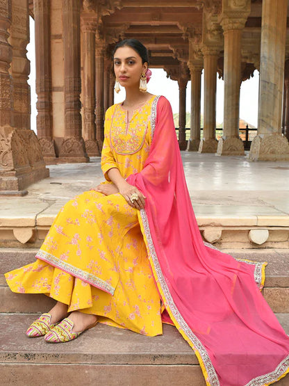 Yellow Cotton Embroidered Kurta with Palazzo and Dupatta