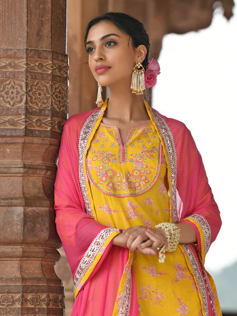 Yellow Cotton Embroidered Kurta with Palazzo and Dupatta