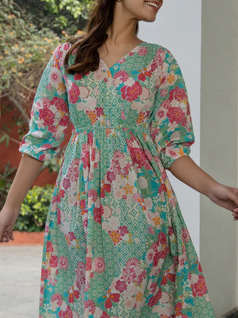 Sea Green Cotton Floral Fit & Flare Dress