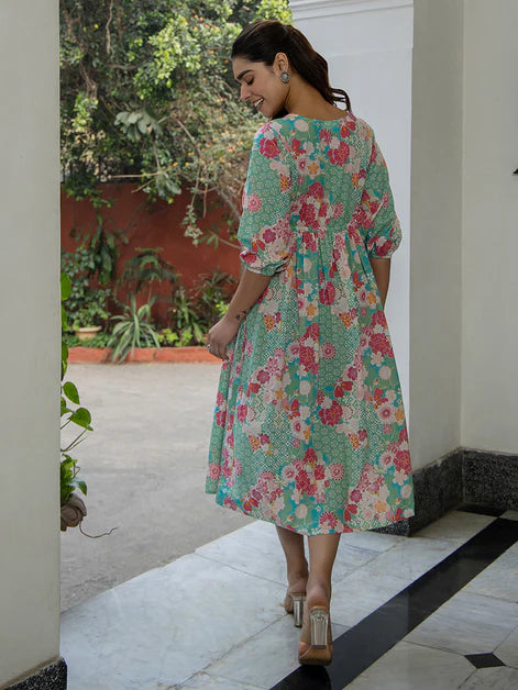 Sea Green Cotton Floral Fit & Flare Dress