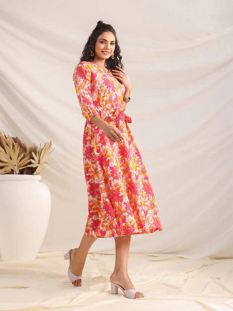 Multicolour Cotton Floral A-Line Dress