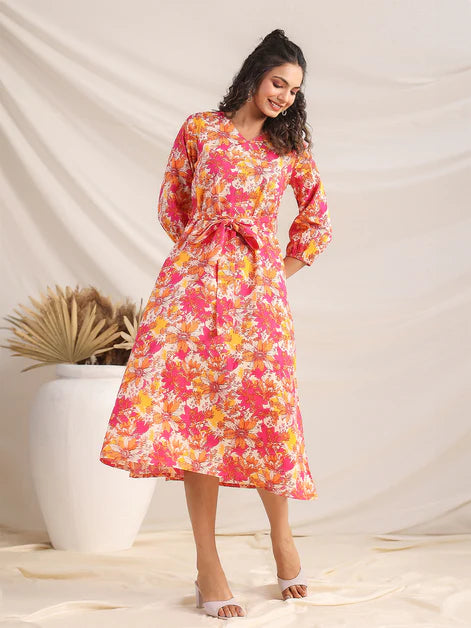 Multicolour Cotton Floral A-Line Dress