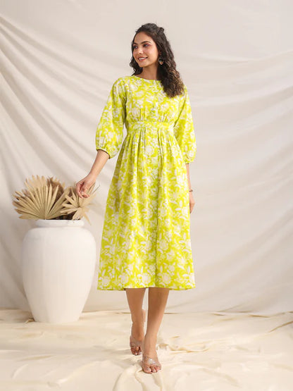 Lime Cotton Floral Gathered Dress