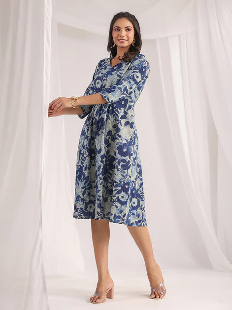 Indigo Cotton Floral Panelled Dress