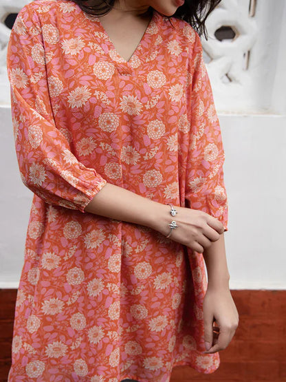 Orange Georgette Floral Regular Tunic