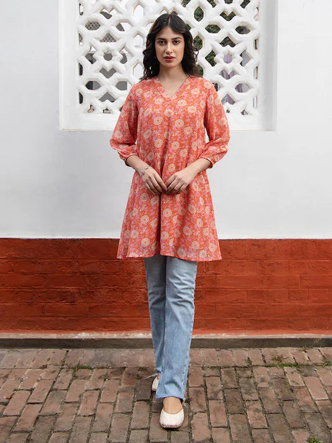 Orange Georgette Floral Regular Tunic