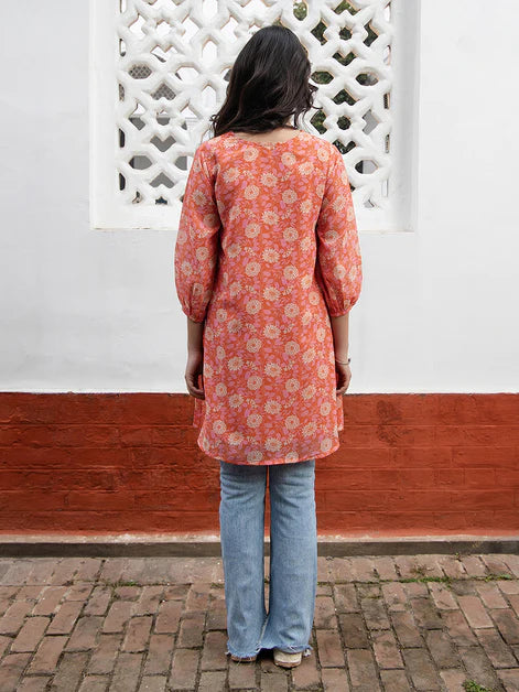 Orange Georgette Floral Regular Tunic