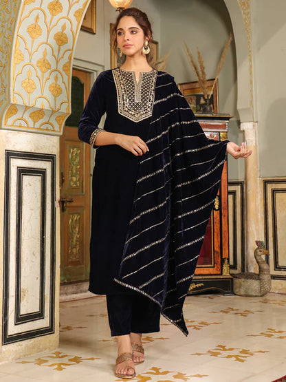 Navy Blue Velvet Zari Embroidered Straight Kurta Set